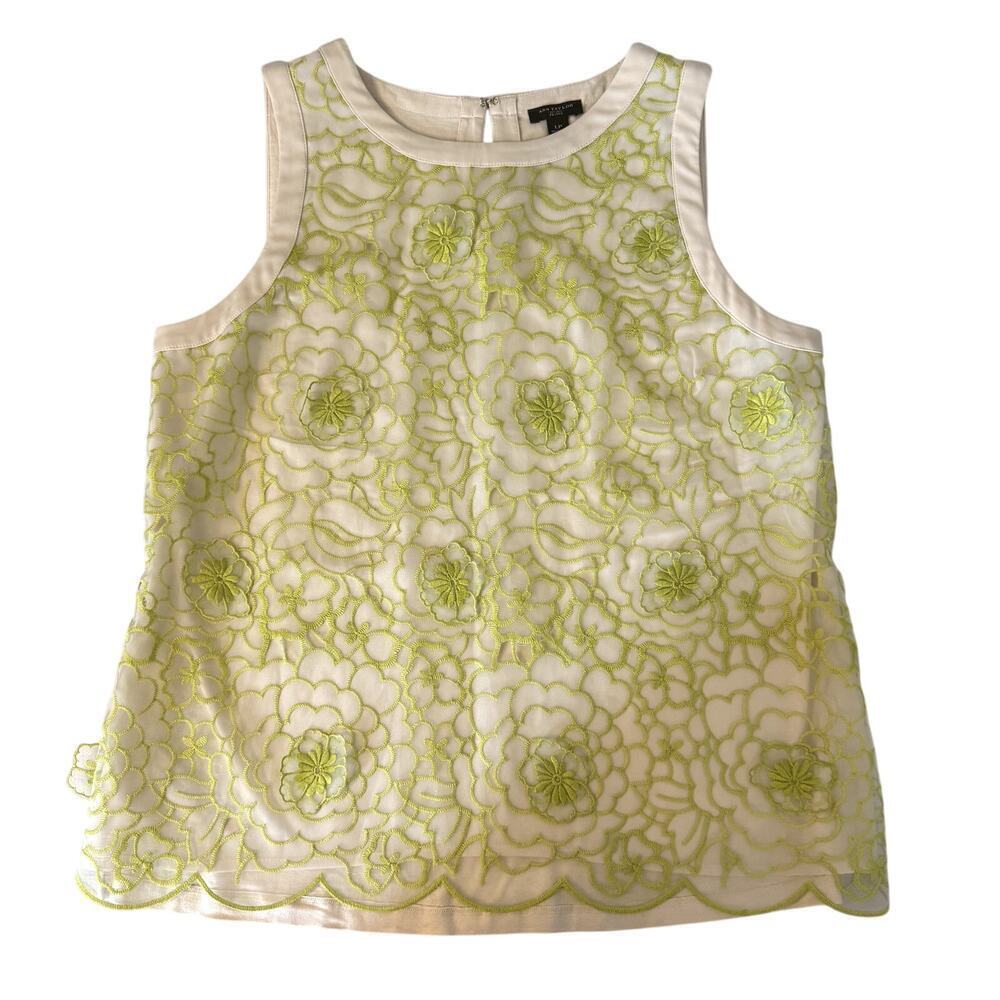 Gorg! Anne Taylor Green Overlay Floral Applique Green & Ivory Tank Petite Large